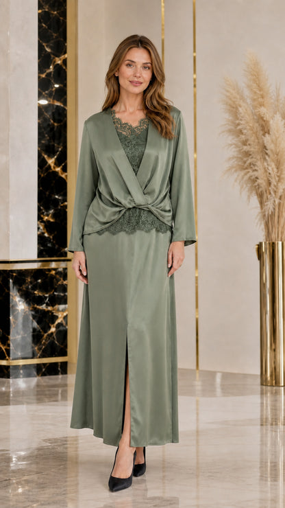 Sage green satin twist-front lace evening maxi dress