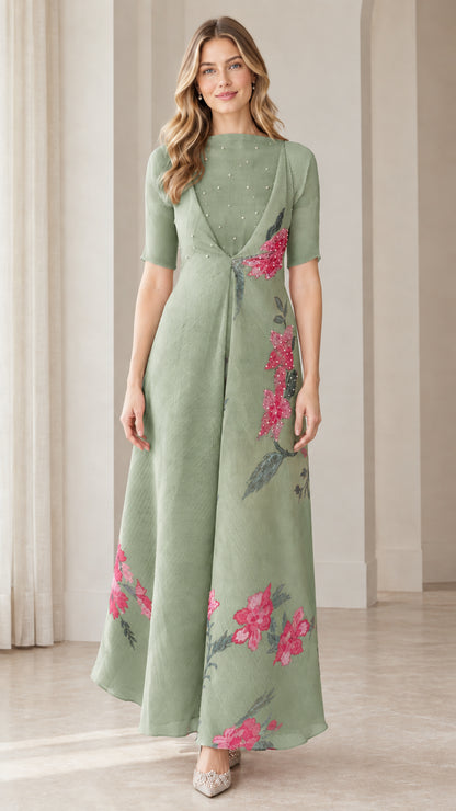 Front view of sage green embroidered half sleeve maxi dress