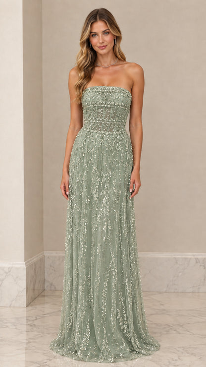 Front view of model wearing Sage Green strapless beaded evening dress