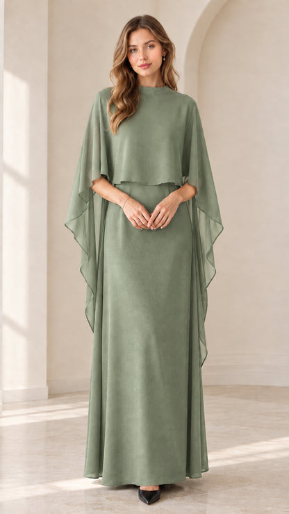 Sage green capelet chiffon formal maxi gown