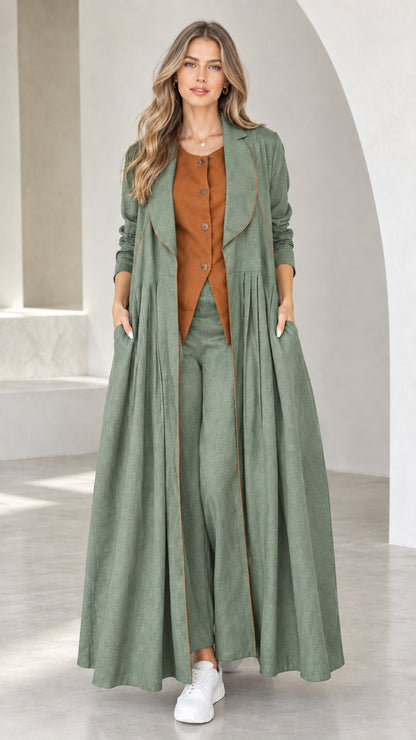 Front view of model wearing Sage Green pleated maxi duster coat