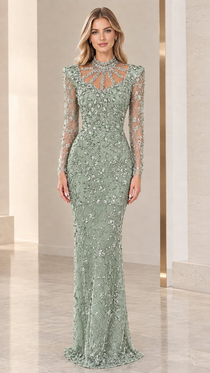 Front view of sage green embellished evening gown with illusion collar