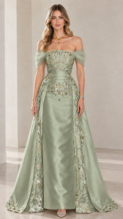 Front view of sage green satin embroidered A-line formal gala dress