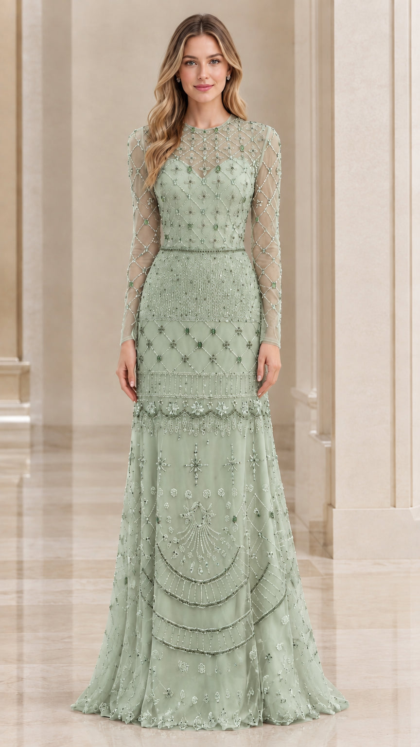 Front view of sage green embellished long-sleeve evening dress