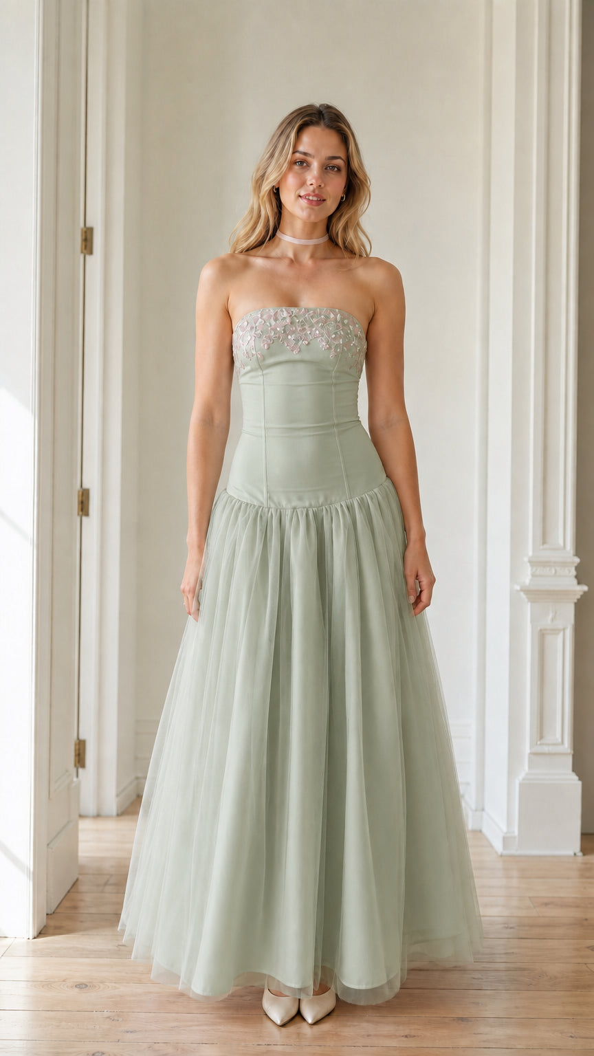 Front view of the sage green color variant of the tulle maxi dress
