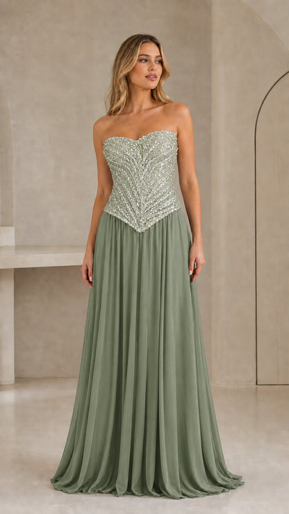 Full-length front view of sage green strapless sequin bodice chiffon evening dress