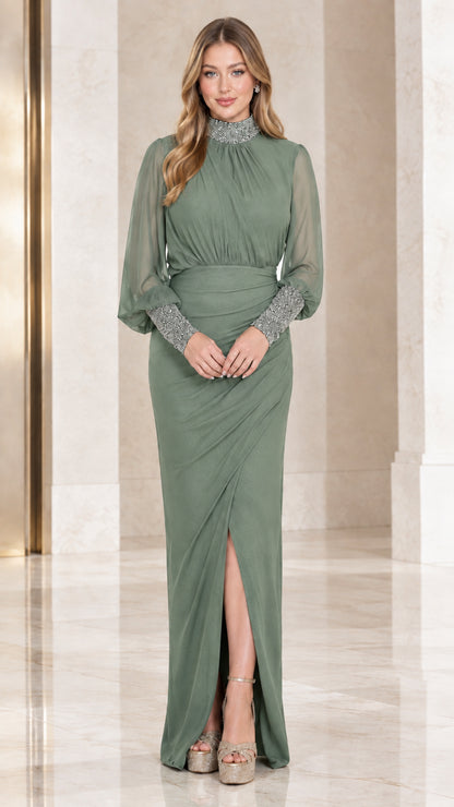 Sage green high collar sheer sleeve formal evening gown