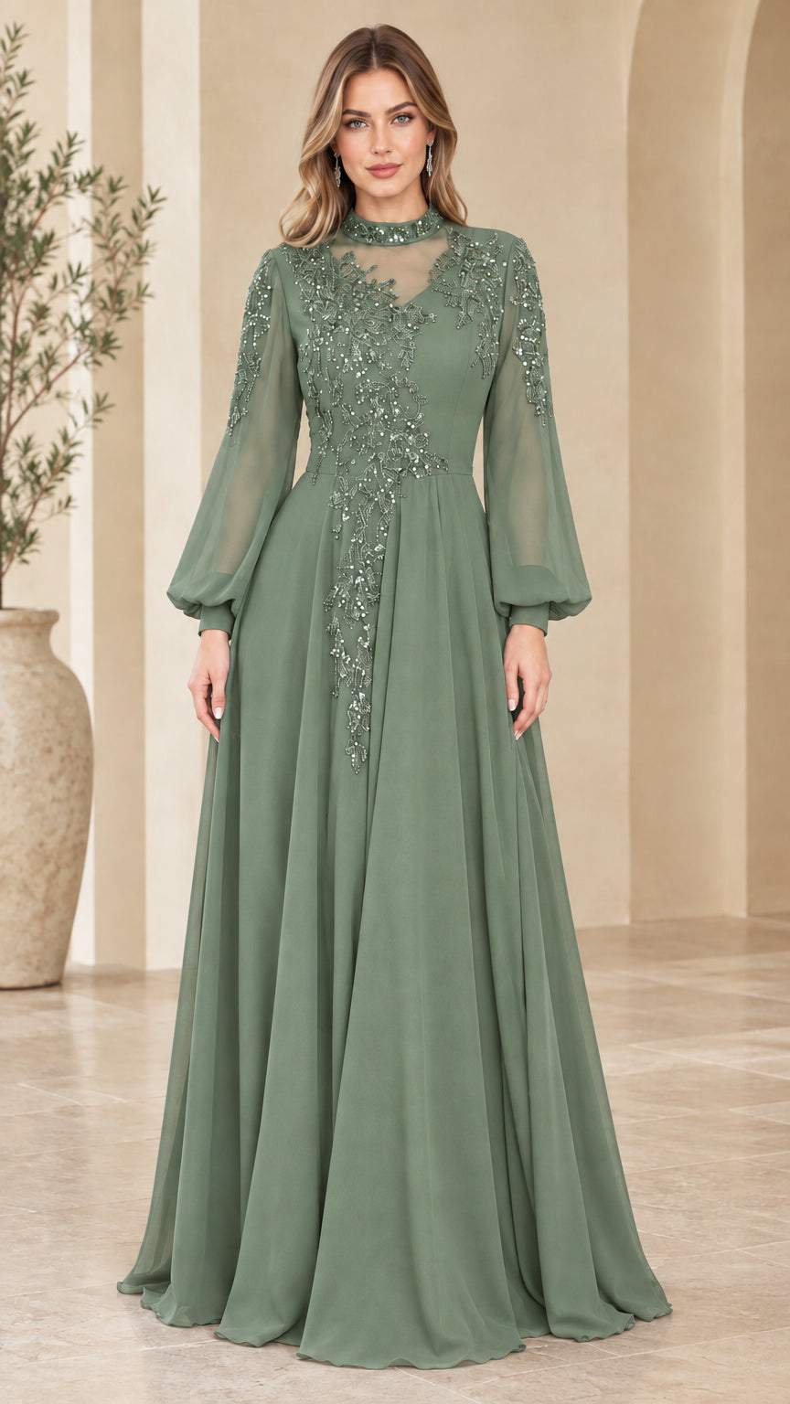Front view of sage green long sleeve beaded formal maxi dress