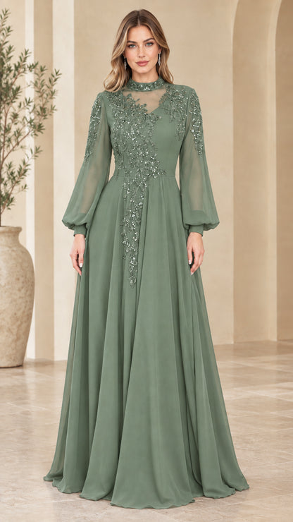 Front view of sage green long sleeve beaded formal maxi dress