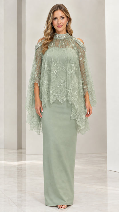 Front view of sage green beaded lace cape overlay formal column dress
