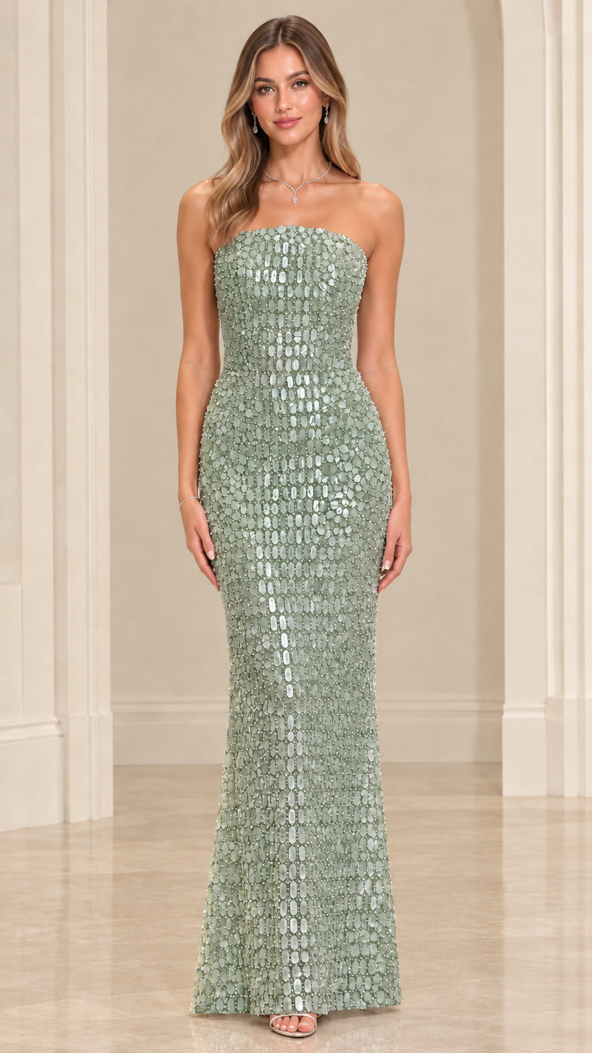 Front view of model wearing Sage Green strapless sequin maxi dress