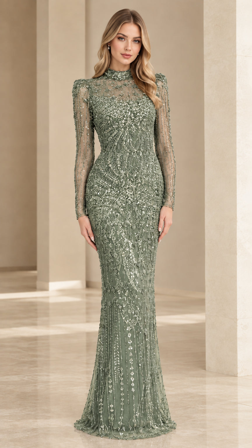 Full-length front view of woman wearing sage green long-sleeve sequin evening dress