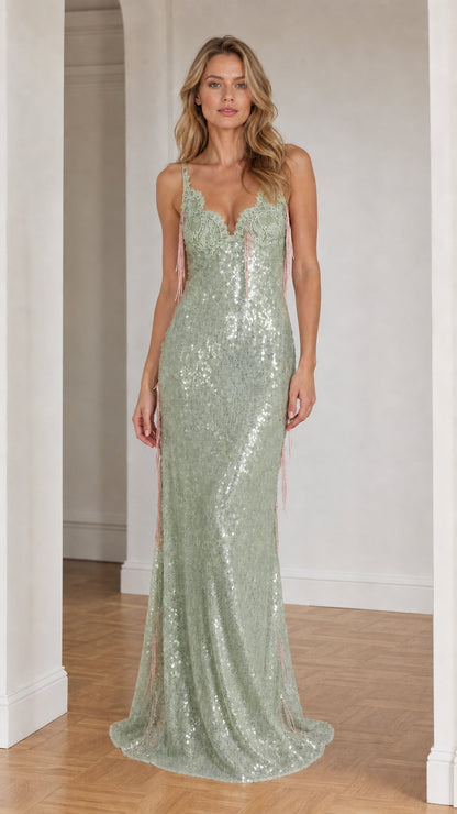 Front view of sage green sequin evening dress