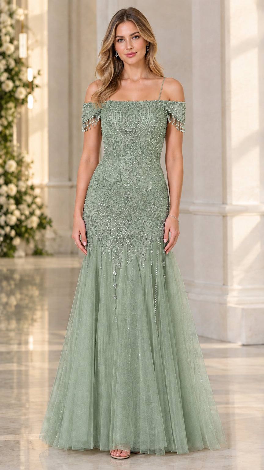 Sage green beaded tulle mermaid evening dress front view