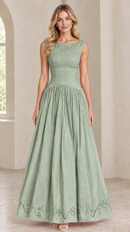 Model wearing Sage Green sleeveless embroidered maxi gown