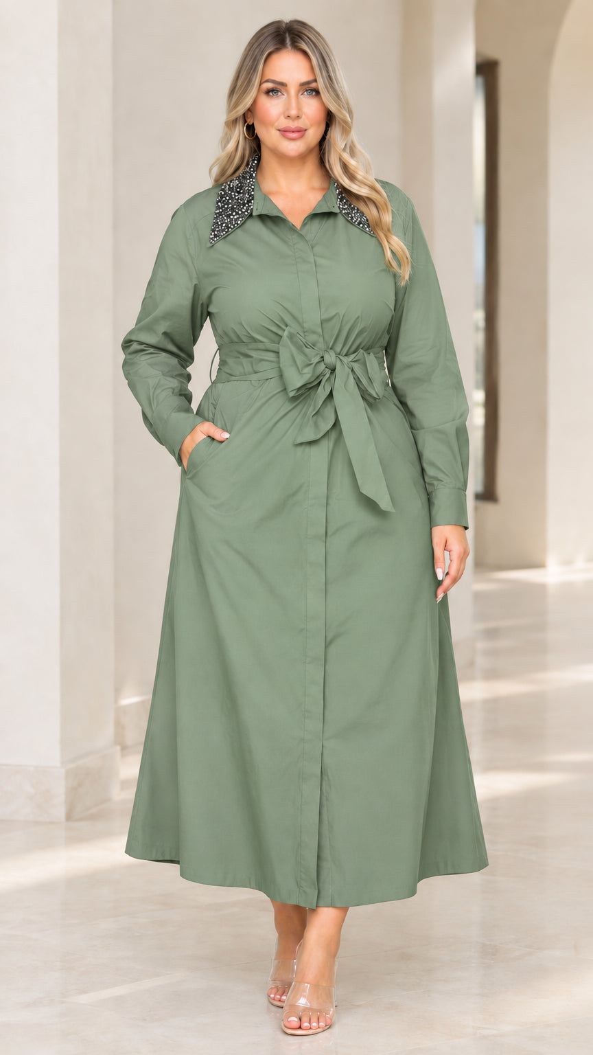 Front view of woman wearing sage green long sleeve embellished collar shirt dress
