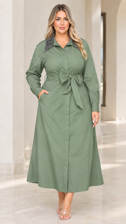 Front view of woman wearing sage green long sleeve embellished collar shirt dress
