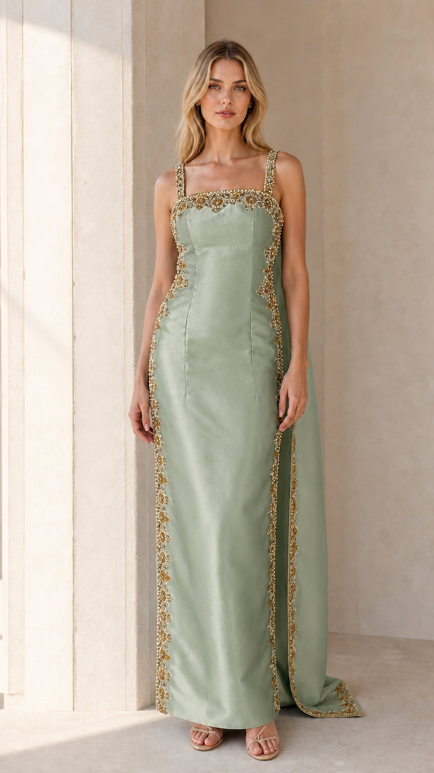 Front view of Sage Green embellished cape maxi dress