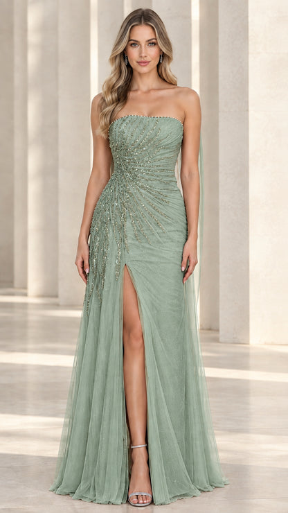 Sage green strapless ruched formal maxi dress with bead embellishments