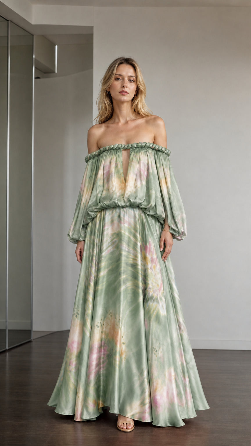Model wearing sage multi tie-dye off-the-shoulder maxi dress