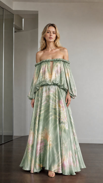 Model wearing sage multi tie-dye off-the-shoulder maxi dress