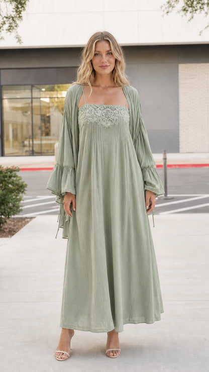Model wearing sage green boho cami dress and matching kimono set