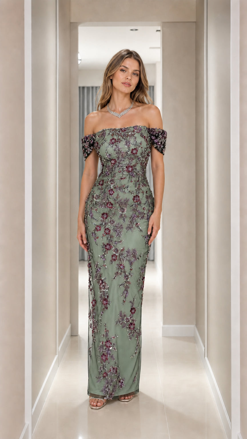 Sage green off-the-shoulder floral beaded column evening dress