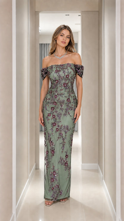 Sage green off-the-shoulder floral beaded column evening dress
