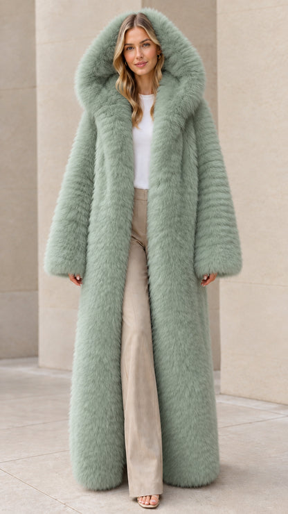 Women's sage green floor-length hooded faux fur overcoat
