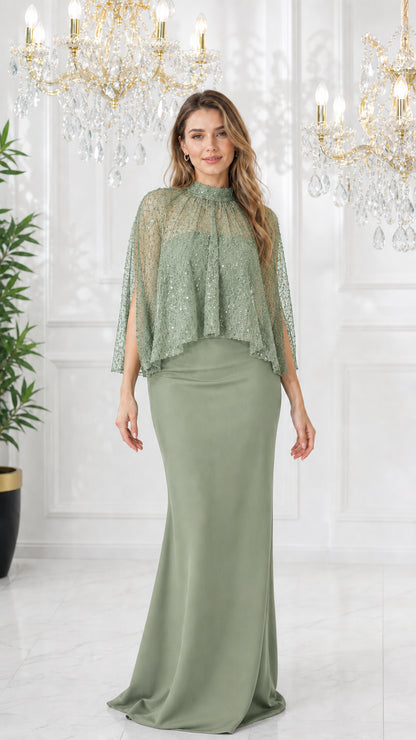 Model wearing monochromatic sage green sequin capelet maxi evening dress