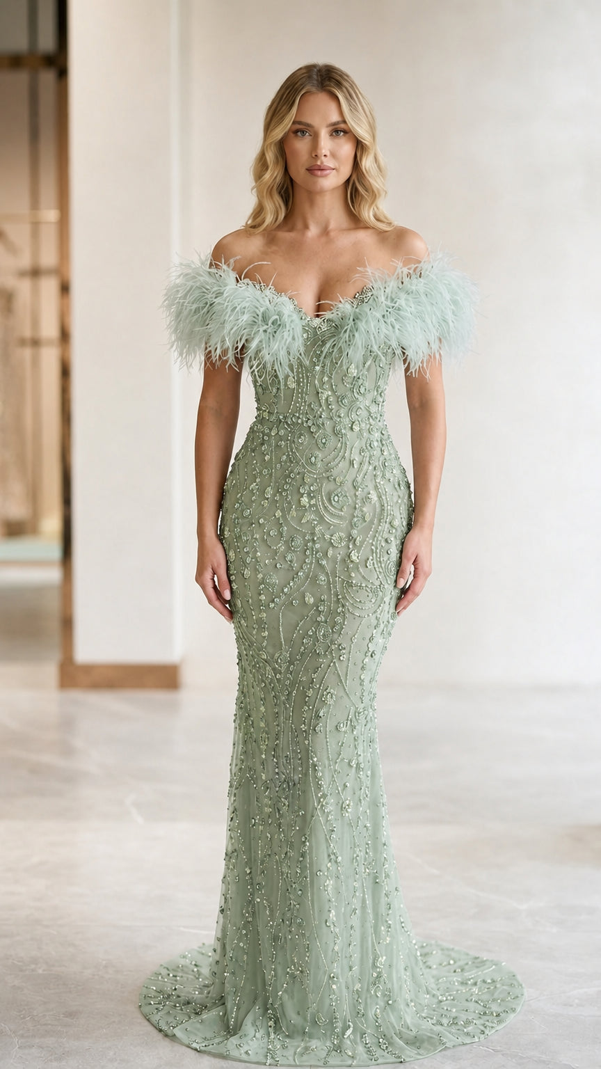 Sage green embellished evening gown with feather trim off-the-shoulder bodice
