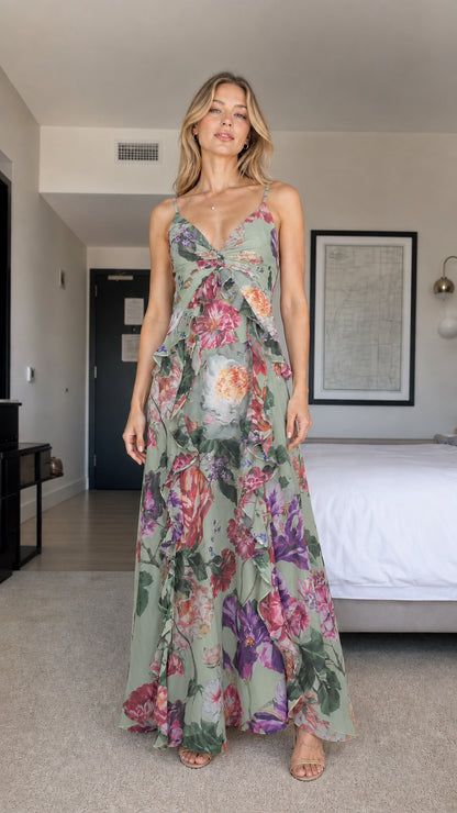 Model wearing sage floral print ruffle maxi dress