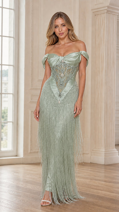 Front view of sage green off-the-shoulder fringe evening gown