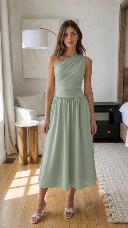 Front view of sage green one-shoulder midi dress