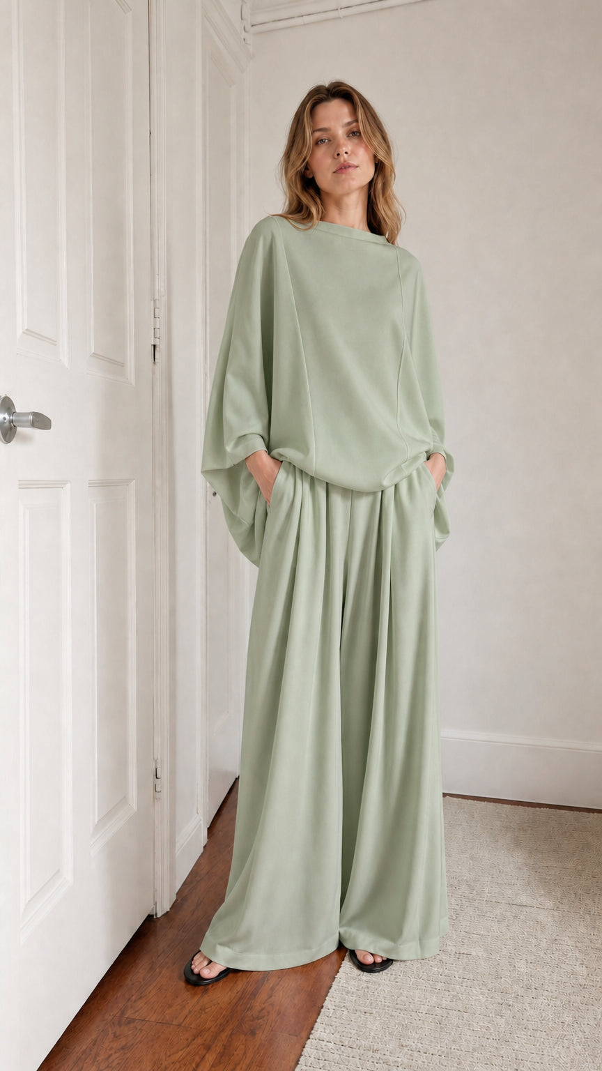 Model wearing sage green lounge set