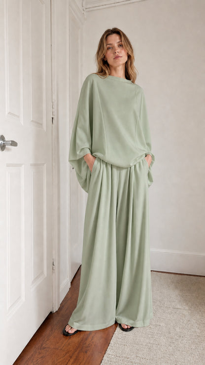 Model wearing sage green lounge set