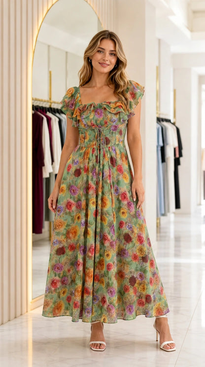 Model wearing Sage Floral print corset waist maxi dress