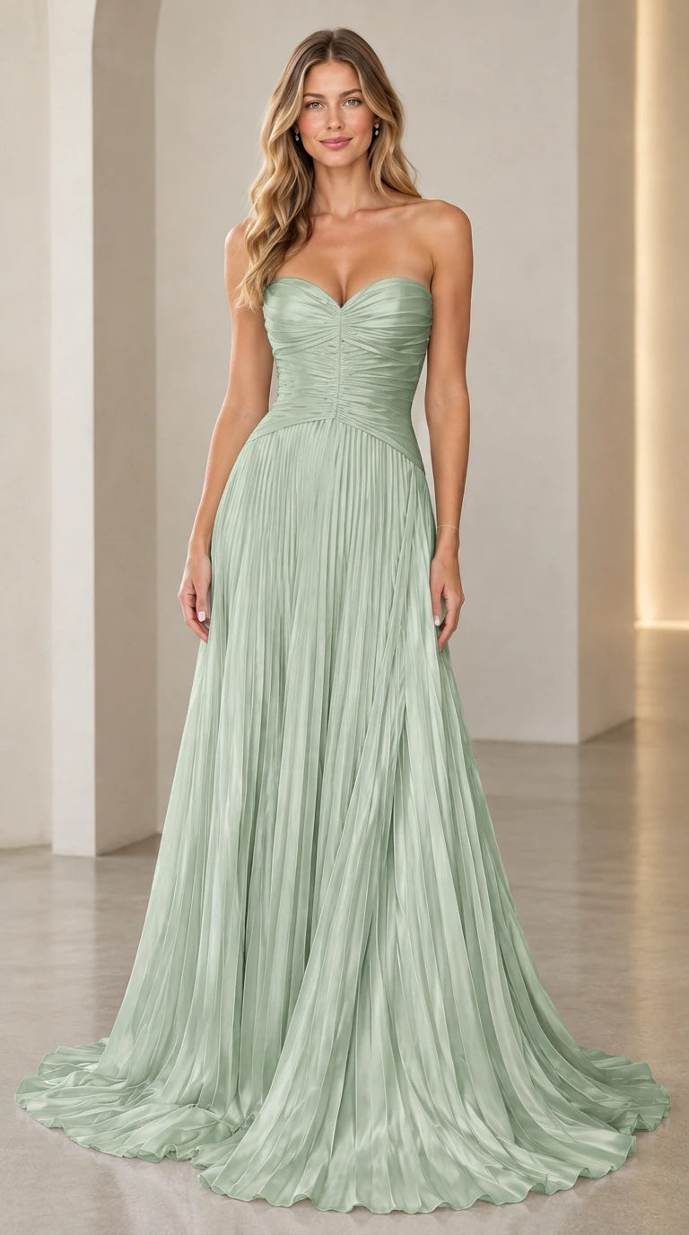 Model wearing sage green strapless sweetheart pleated maxi gown