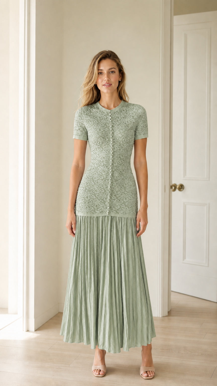 Front view of sage green pearl button knit bodice pleated midi dress