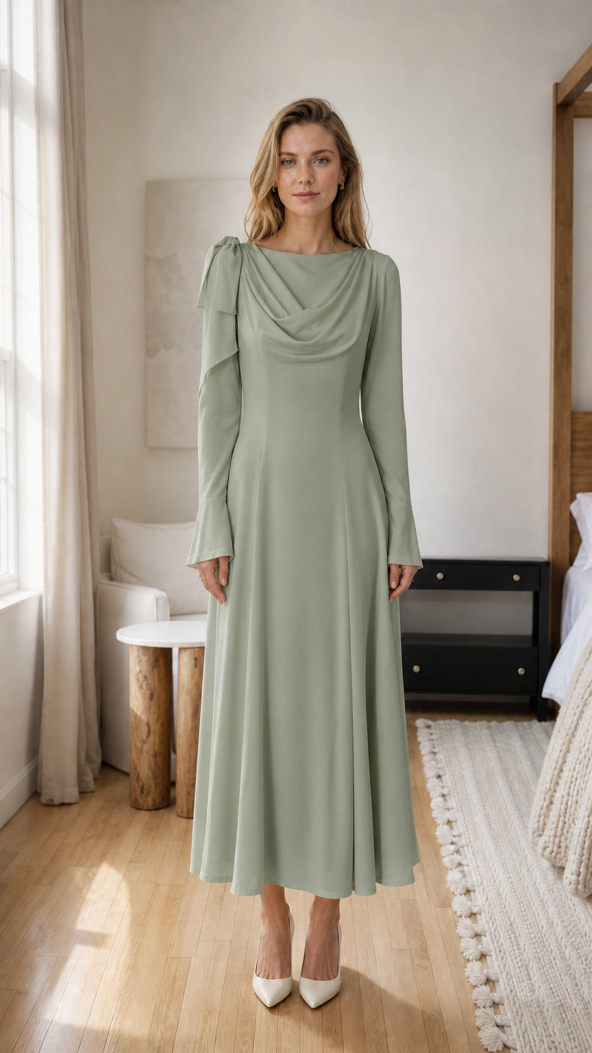 Front view of model wearing sage green cowl neck midi dress