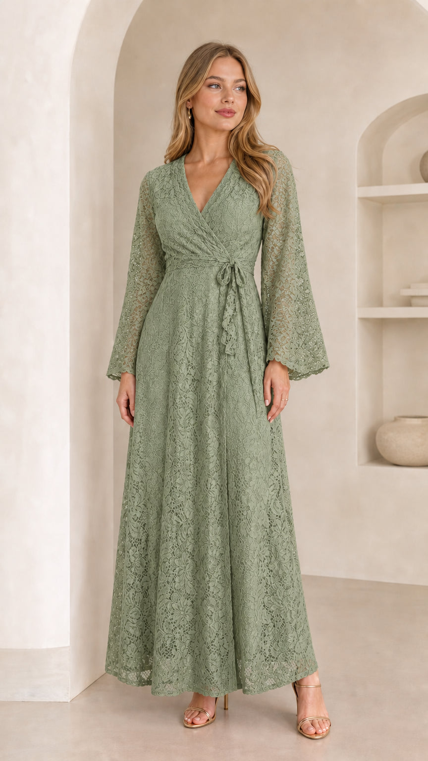 Front view of model wearing a sage green floral lace wrap maxi gown