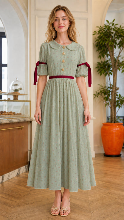 Sage Green floral Peter Pan collar midi dress with contrast ribbon trims