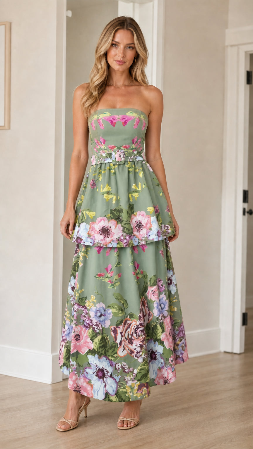 Woman wearing sage green floral strapless tiered maxi dress