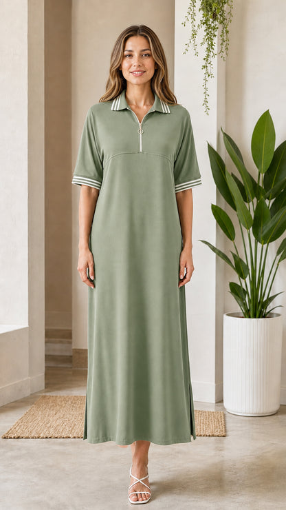 Women's sage green short sleeve half-zip polo maxi dress
