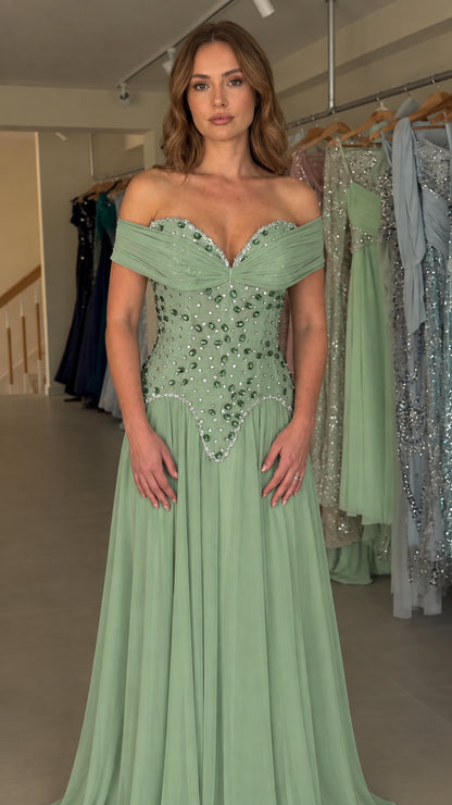 Sage green off-the-shoulder beaded maxi dress for formal occasions