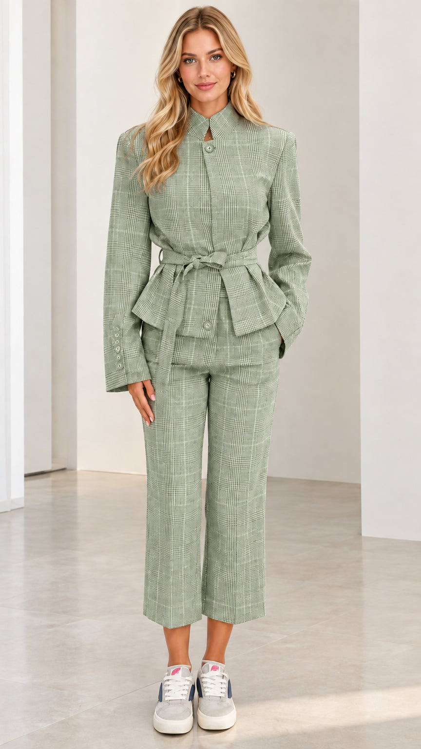 Full front view of Sage Green plaid belted two-piece suit set