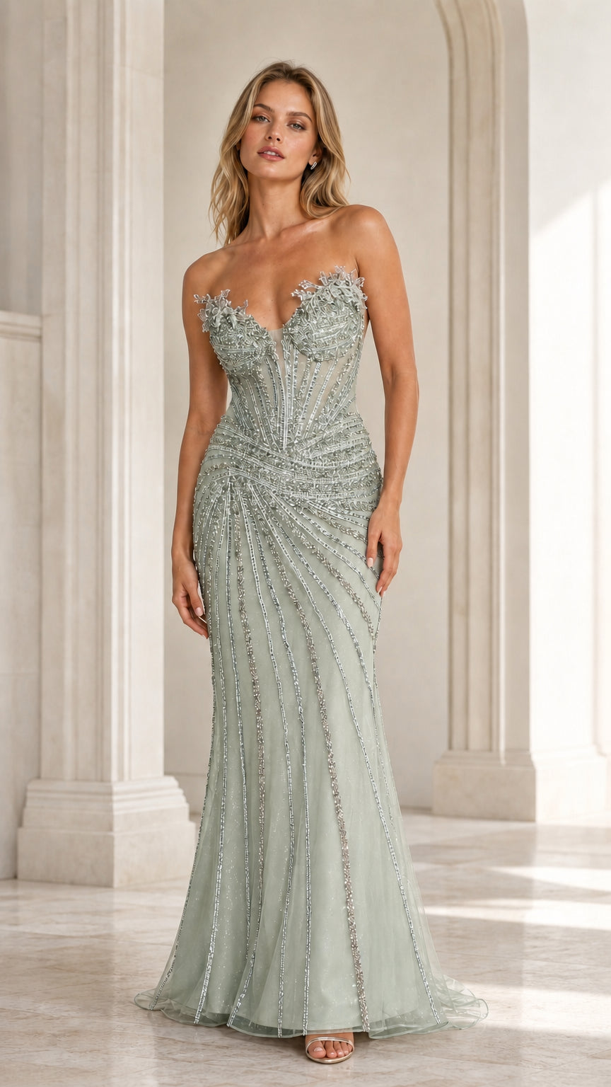 Front view of sage green beaded evening gown