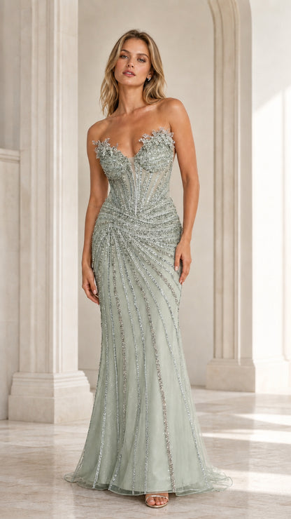 Front view of sage green beaded evening gown