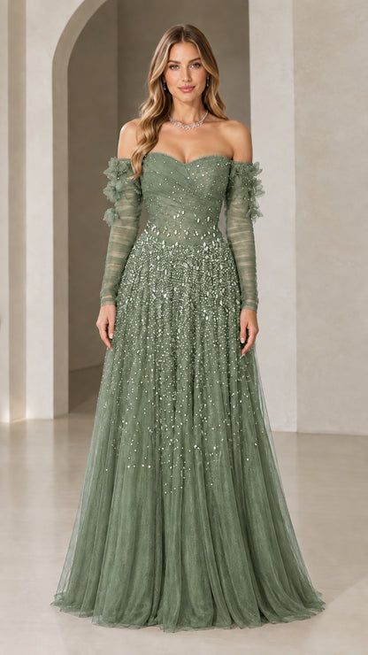 Sage green off-the-shoulder beaded tulle maxi dress