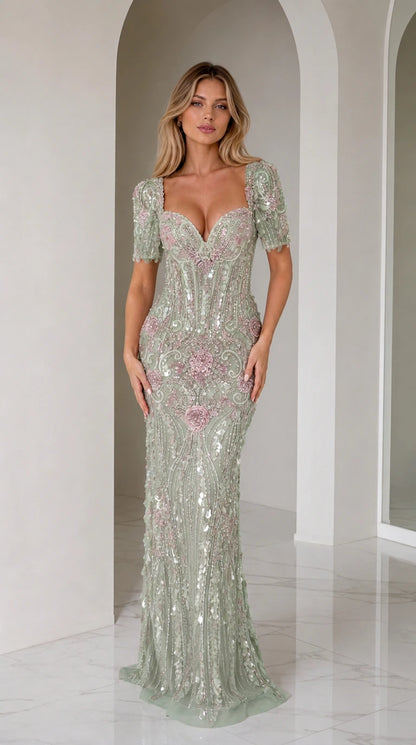 Sage green beaded and sequined formal evening dress with short sleeves